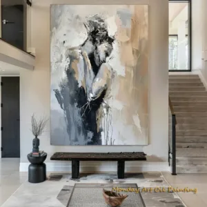 Abstract Lovers hug decor oil painting Woman wall art Canvas Art black gray art Lady Woman painting Faceless Portrait Painting
