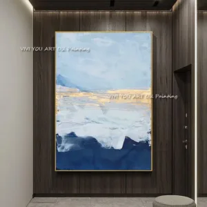 100% Hand Painted Blue Gold Abstract Seascape Oil Painting, Palette Knife Gold Foil Impasto Vertical Canvas Wall Art