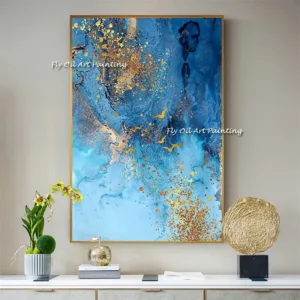 Modern large size abstract ocean blue gold foil hand oil painting mural living room home decoration color canvas art as a gift