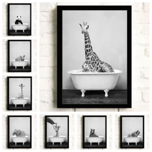 Black White Wall Art Bathroom Bathtub Animals Poster Canvas Paintings Elephant Lion Panda Giraffe Print Picture For Kids Room