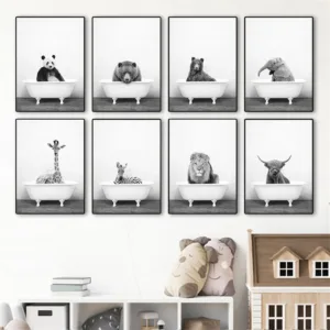 Bathtub Animal Canvas Print Panda Giraffe Bear Elephant Nursery Wall Art Painting Bathroom Poster Wall Pictures Kids Room Decor