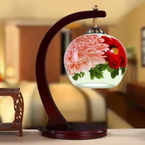 Vintage Chinese Table Lamp with LED  Tricolored Bulb Ceramic Light Cute Decorative Night Light for Bedroom Living Room