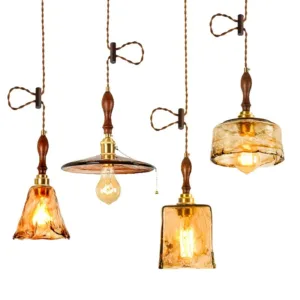 IWHD Vintage Wood Copper Pendant Lights Fixtures Adjustable Cafe Bar Bedroom Amber Glass Japanese Style Edison Hanging Lamp LED