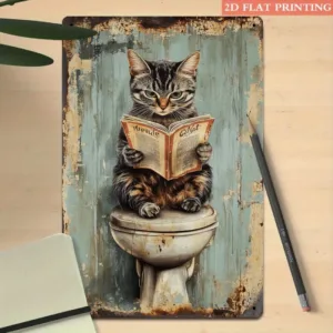 Funny Cat Reading Toilet Metal Tin Sign 20x30cm Vintage Bathroom Wall Decor Iron Plaque Laundry Room Home