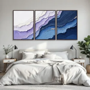 3Pcs Navy Blue Ocean Wave Wall Art, Textured Abstract Canvas Prints, Modern Triptych Decor for Living Room Interior Home