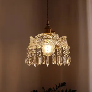 French Retro Brass Crown Crystal Glass Chandelier Simple Bedroom Bedside Dining Room Bar Porch Aisle Hanging Wire Lamp