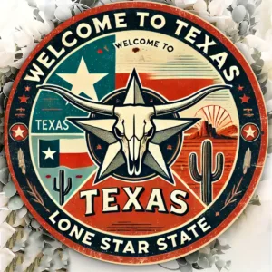 Welcome to the Texas Round Aluminum Sign - Independence Star State Decorative Wall Art for Rooms, Cafes, Garages, Farmhouses - D