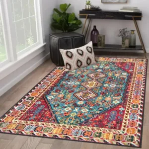 Vintage Red Oriental Persian Floral Medallion Area Rug Traditional Antique Border Non Slip Floor Carpet for Living Room Home