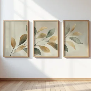 Sage Green Olive Golden Botanical Leaf Branch Canvas Wall Art Set, Boho Minimalist Prints,Modern Living Room Bedroom Decor Gifts