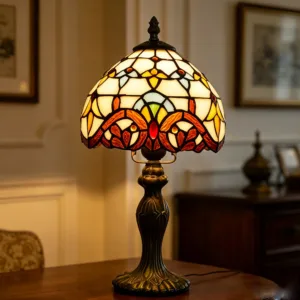Small Tiffany Table Lamp, 8 inch Baroque Style Stained Glass Lamp for Bedroom Living Room Home Office, Handcrafted Light