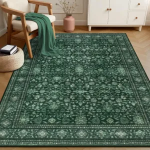 Deep Green Bohemian Vintage Area Rug Distressed Floral Print Anti-Slip Washable Large Carpet for Living Room Bedroom Luxury