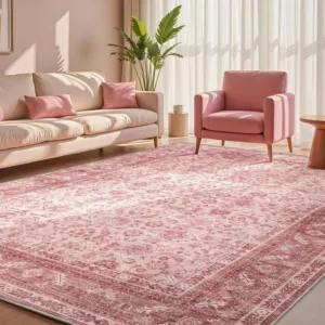 VIKAMA Pink Retro Persian Rug Non Slip Living Room Sofa Coffee Table Rug Bedroom Decorative Floor Mat