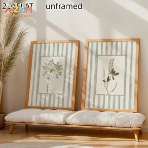 AZNM Sage Green Striped Botanical Canvas Wall Art Unframed Minimalist Wildflower Herb Illustration Farmhouse Living Room Bedroom