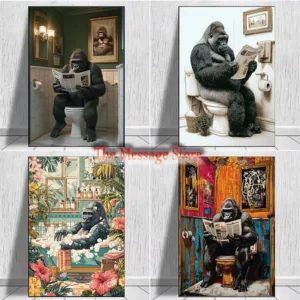 Gorilla in Bubble Bath Boho Jungle Bathroom Gorilla Sitting on Toilet Humor Art Poster Canvas Painting Wall Pictures Home Decor