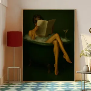 Modern Bathroom Wall Art Canvas Print, Sage Green Bathtub with Martini Glass Artwork, Martini art Home Decoration