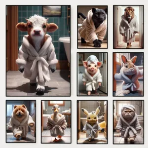 Bathroom Animals Wearing Bathrobes Poster Cat Dog Lion Rabbit Duck Canvas Painting Wall Art for Living Room Home Decor Mural
