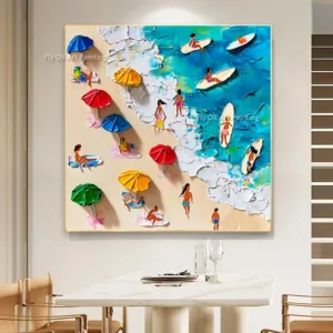 Handmade Modern People Swimming In The Sea Artwork Summer Seawave Canvas Art People Play On Beach Thick Oil Painting  For Decor