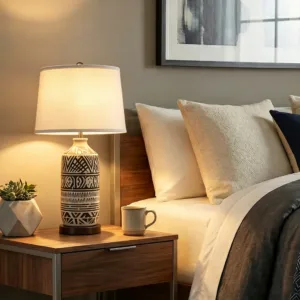 Nordic Table Lamp White Reflective Cloth Shade Art Atmosphere Bedroom Bedside Night Light Ceramic Desk Lamp Home Decorate