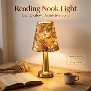Vintage Floral Fabric Shade Table Lamp USB Powered Gold Base Bedside Lamp Compact Decor Night Light for Multiple Indoor Spaces