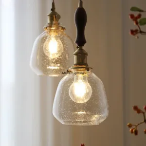 American Vintage Wood LED Pendant Lamp Nordic Copper Glass Hanging Light Edison Bedroom Dining Living Room Decor Ceiling Fixture