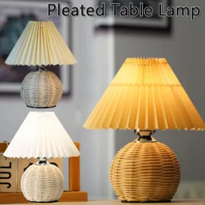 Pleated Rattan LED Table Lamp Living Room Table Standing Lamp Study Desk Bedside Lamp Home Office Decoration Night Light
