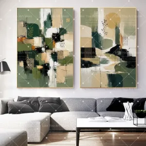 Sage Green Abstract Textured Wall Art Minimalist Geometric Canvas Print Modern Neutral Green Beige Black Canvas Painting Decor