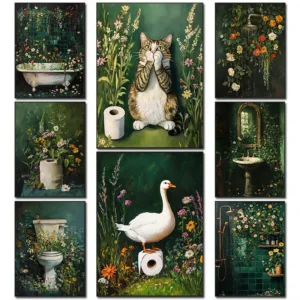 Retro Plant Bathroom Gothic Style Flowers And Plants Cat Duck Toilet Paper Posters Canvas Painting Wall Art Pictures Home Decor