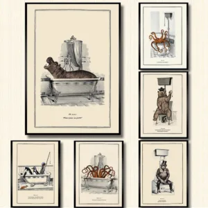 Funny Bathroom Toilet Decoration Canvas Painting Animal Bathtub Poster Bear Octopus Penguin Chimpanzee Retro Wall Picture Art