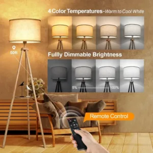 Fast ShippingNew Best Deal Home US Shipping Wood Tripod Floor Lamp with Shelves Remote Control Dimmable LED Standing Lamp Bei
