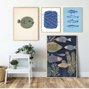 Minimalist Nautical Fish and Waves Art Poster Blue and White Coastal Canvas Painting,Home Decor,Beach Theme Living Room Decorat