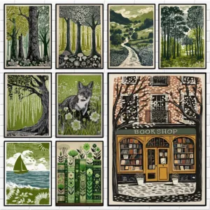 Sage Green Linocut Landscape Canvas Prints Vintage Woodcut Forest Fox Botanical Wall Art Farmhouse Cottage Home Decor Poster