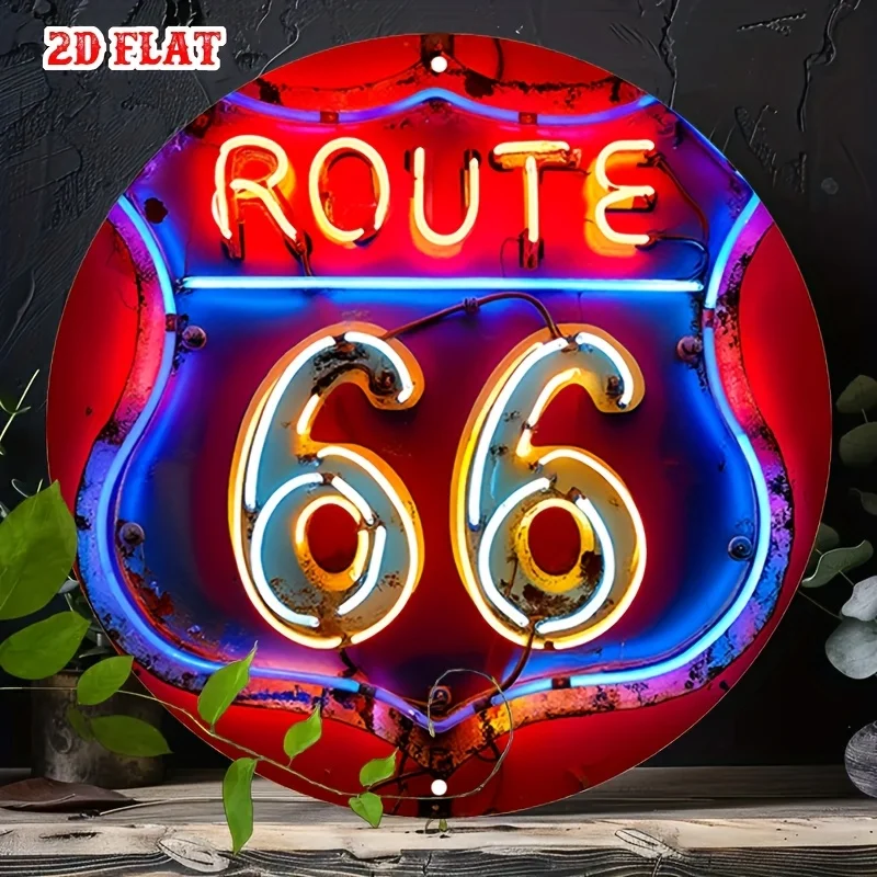 [2D Flat] Route 66 Vintage Neon Sign - Round Aluminum Wall Decor for Home, Garage, Cafe, Dining Room & Bar | Americana Style Met