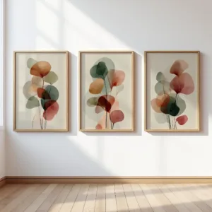 3pcs Frameless Bohemian Plant Wall Art,Terracotta Sage Green Abstract Leaf Triptych Printing,Neutral Decor Bedroom Home Office