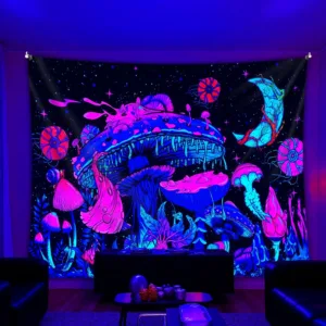 VIKAMA Fluorescent Mushroom Plant Wall Hanging Neon Blue Pink Glow Indoor Decor Bedroom Living Room Tapestry Home Decor
