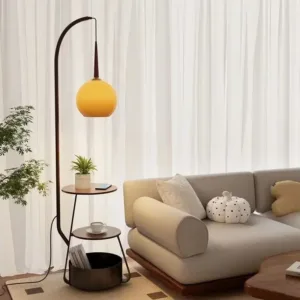 Arc Floor Lamp With Side Storage Shelves Yellow Glass Shade Fishing Floor Light Living Room Sofa Corner Standing Lamp Home Decor