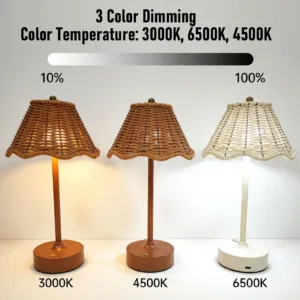 LED Vintage Rattan Table Lamp 3 Colors Cordless Wicker Shade Desk Lamp Bedside Night Light Adjustable Brightness for Bedroom