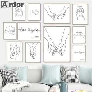 Romantic Love Couple Line Posters Kissing Hugging Hold Hands Canvas Painting Custom Couple Name And Date Poster Print Home Decor