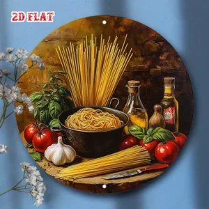 1pc Rustic Italian Kitchen Wall Art - 19.99cm Round Aluminum Metal Sign with Spaghetti, Tomato, Basil & Garlic Design, Durable I