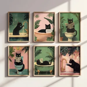 3pcs/set Whimsical Cat in Bathtub Abstract Canvas Prints Poster Vintage Funny Animal Aesthetics Toilet Bathroom Home Decor