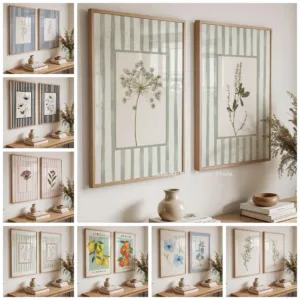 2pcs/set Sage Green Floral Canvas Prints Lemon & Orange Rustic Style Plant Black Stripes Wall Art Poster for Living Room Decor