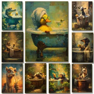 Duck Alligator in Bathtub with Cocktail Camel Llama Leopard Poster Print Canvas Painting Bathroom Decor Cuadros