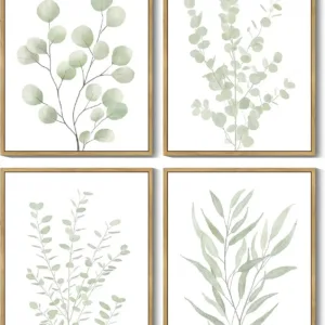 Drsoum Botanical Plant Framed Wall Art Boho Wall Decor for Bathroom Sage Green Eucalyptus Leaf Prints Minimalist Aesthetic Ready to Hang Set of 4, 8x10 in (Natural Framed)