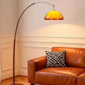 Vintage Orange Acrylic Floor Lamp Dark Brown Adjustable Arch Standing Lamp Minimalist E27 Bulb Parlor Bedside Tall Reading Lamp