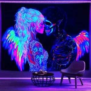 VIKAMA Neon Angel & Skeleton Couple Tapestry Fluorescent Dark Romance Design Wall Hanging for Bedroom Decor