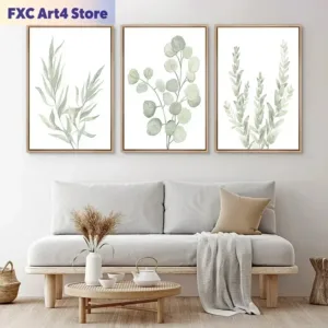 Frameless Nordic Sage Green Plant Wall Art Posters Minimalist Eucalyptus Leaves Watercolor Canvas Painting Prints Pictures Room