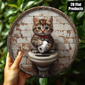 Retro Cat on Toilet Metal Wall Sign, 8x8 Inch Flat 2D Aluminum Funny Bathroom Decor for Home Bar Kitchen Cafe, Vintage Gift Room