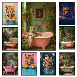 Colorful Floral Bathtub Animals Posters Cute Lion Cheetah Canvas Painting Nordic Bathroom Living Room Wall Art Aesthetic Decor