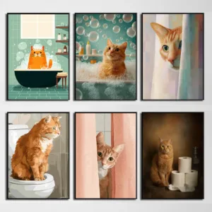 Fun Bathroom Poster Turmeric Orange Cat Toilet Fun Bubble Bath Canvas Painting Wall Art Poster Picture Home Decor Mural Cuadros