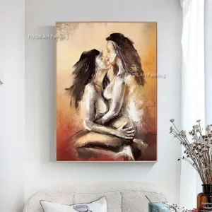 Modern Artwork Hand Drawn Brown Couple Hug Canvas Thick Oil Painting Original Gray People Hug Wall Art Decor For Bedroom