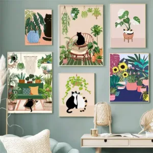 Funny Black Cat Botanical House Plant Boho Wall Art Canvas Paintings Posters And Prints Wall Pictures For Living Room Bath Decor